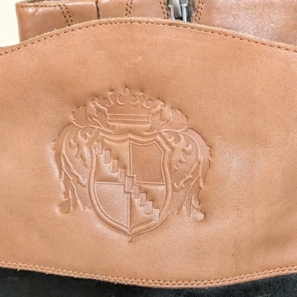Franco Sarto Tall Riding Boots Black‎ Brown Leather Crest Detail Women US 8
